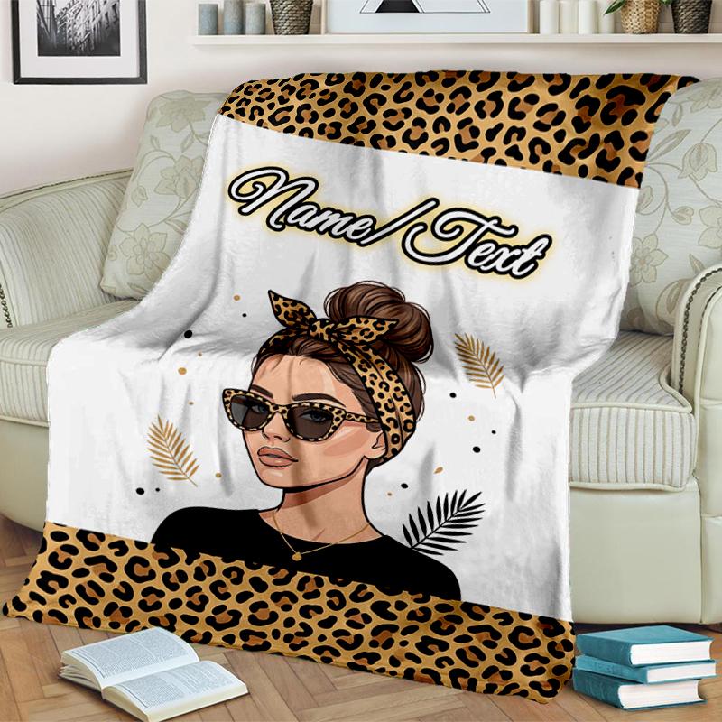 1PC Custom Name Leopard Fashion Portrait outdooor Flannel blankets Throw Blanket All-Season Throw Gift Bedspread for Couch, Bed, Camping Holiday Birth