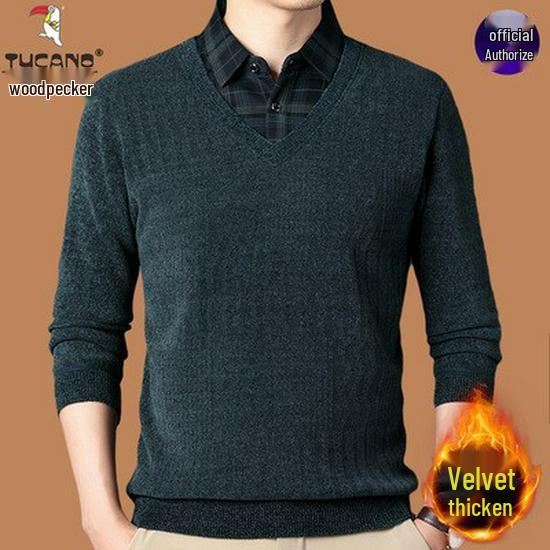 Woodpecker Men's Fleece-Lined Two-Piece Chenille Sweater with Shirt Collar