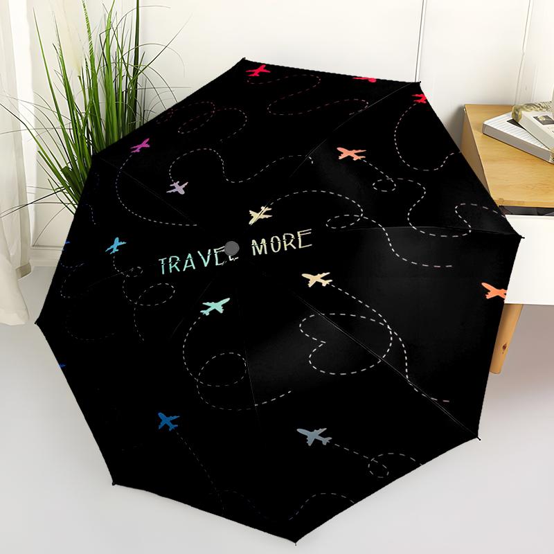 1pc Airplane Theme Pattern Umbrella Portable Folding Umbrella Iron Frame Hole Bone Structure Outdoor Home Umbrella