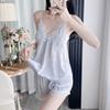 Internet celebrity pure sex summer suspender shorts set ice silk nightgown sexy silver butterfly thin simulation silk spring and autumn pajamas