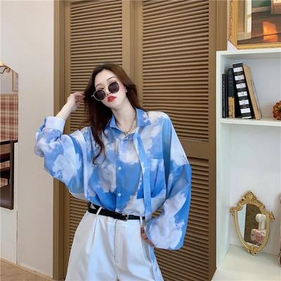 Women's Blue Tie-dye Print Sheer Shirt Loose-fit Long Sleeve Casual Blouse