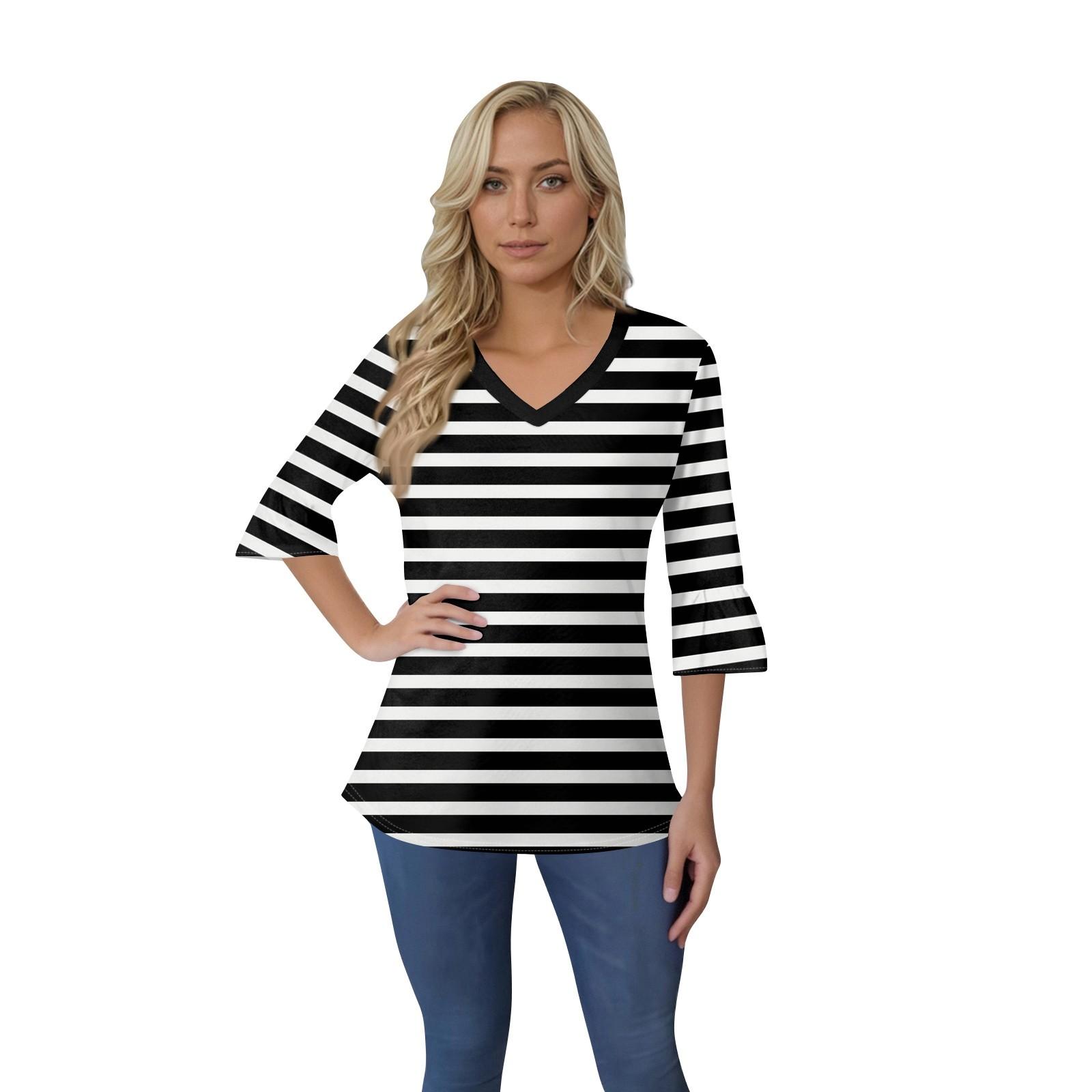 

Женский повседневный топ с рукавами 3/4, летняя футболка с v-образным вырезом и пышными рукавами L чёрный