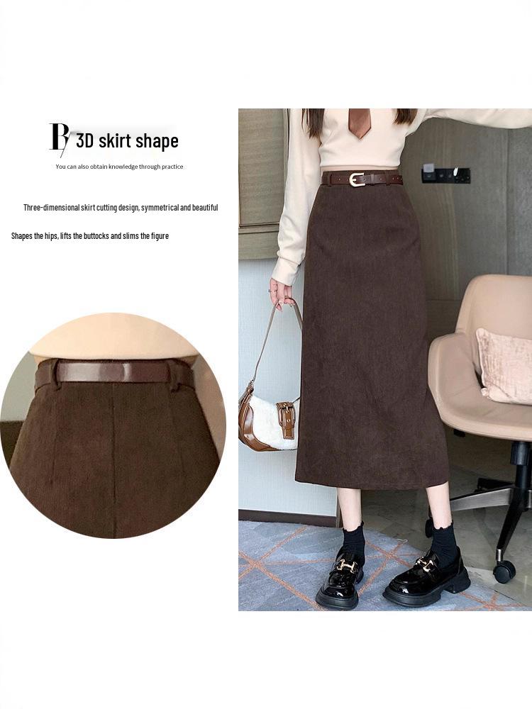 Dámská manšestrová retro podzimní/zimní zeštíhlující rovná sukně se zadním rozparkem