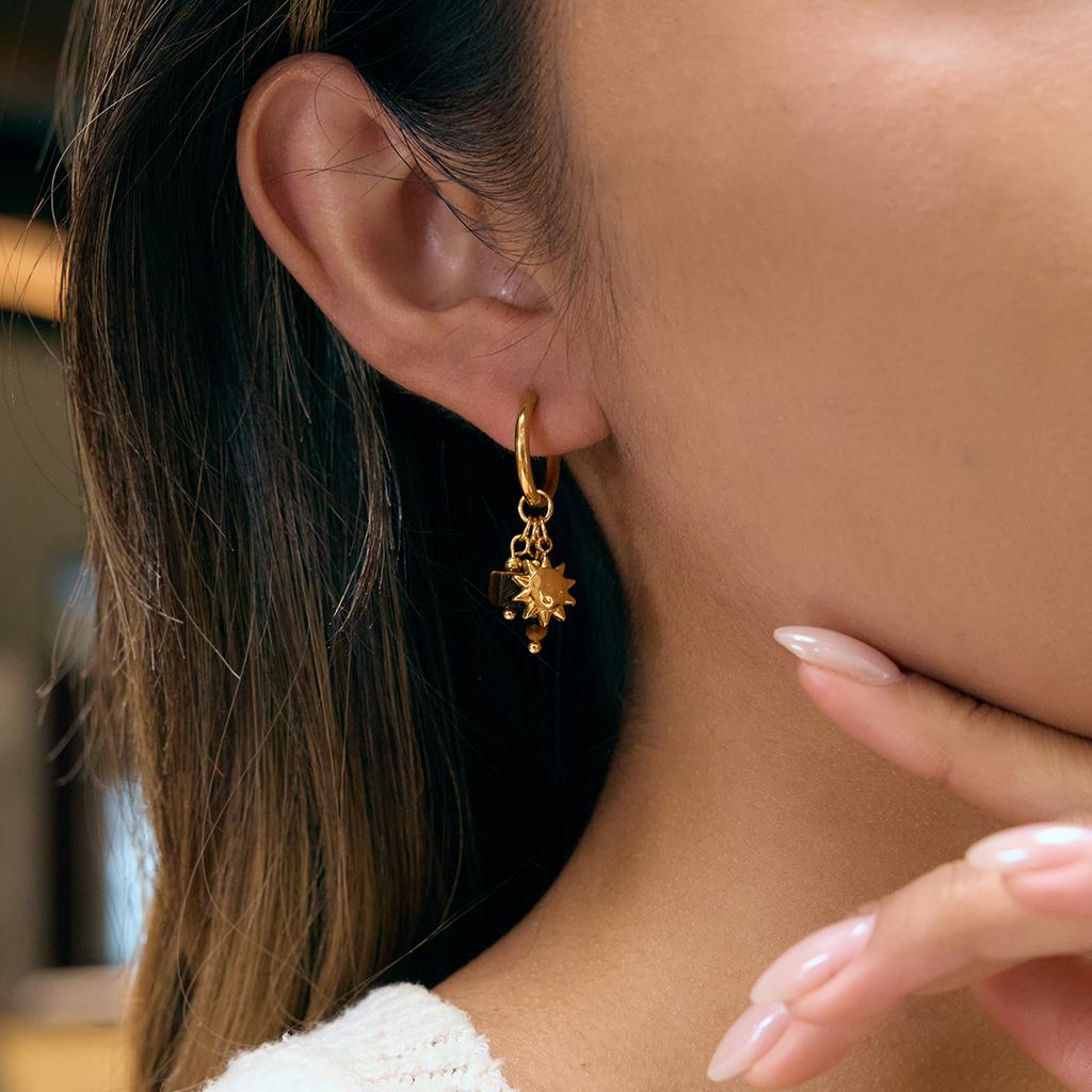Youthway Vintage Tiger Eye Stone Drop Earrings For Women Asymmetric Moon Star Gold Plated Stainless Steel Earrings Jewelry