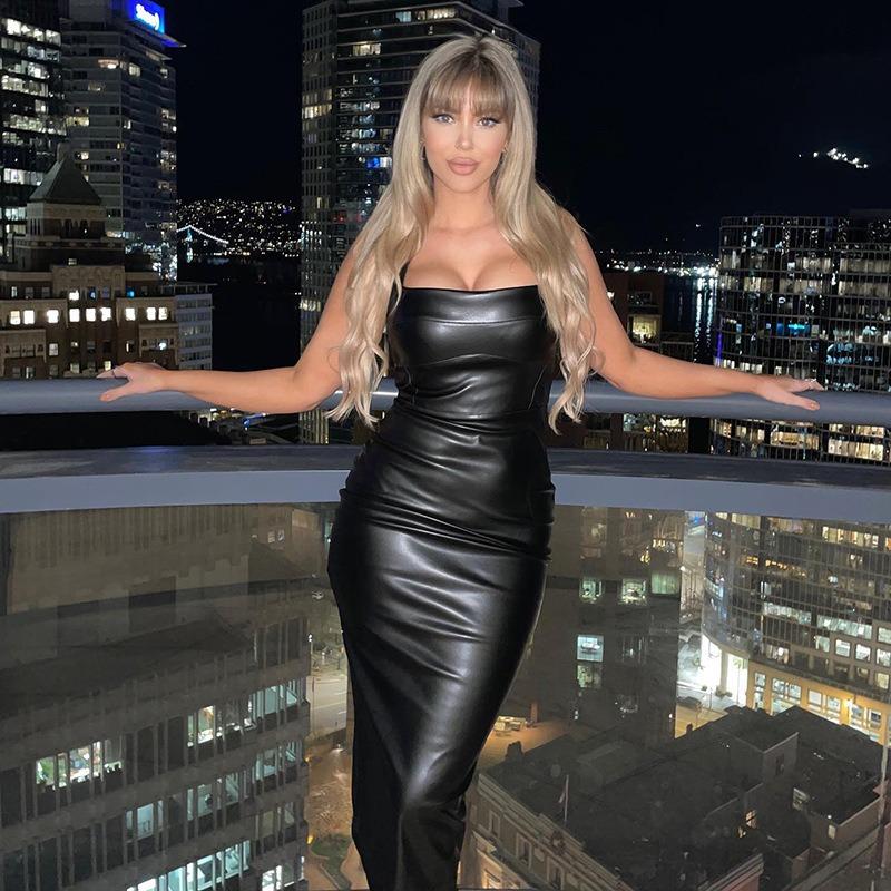 Damskie jesienne, dopasowane, skórzane, jednokolorowe kamizelki, długie sukienki typu halter