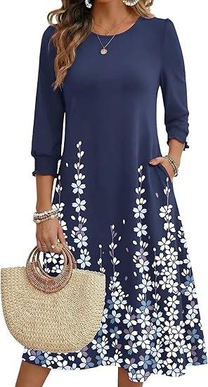 Women's Summer, Pocket Seven-Sleeve Floral Medium and Long Casual Dress