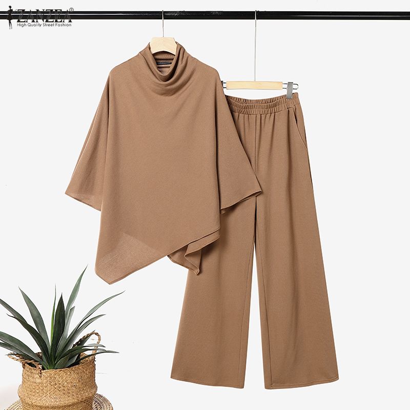 ZANZEA Women 3/4 Sleeve Asymmetrical Blouse And Long Pants Breathable Casual Two Piece Suit Sets
