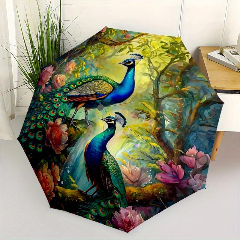 1pc Two Peacocks in Flowers Cartoon Umbrella, Portable 3-Fold Compact Umbrella, Suitable for Camping, Hiking and Travel, Ideal Easter Birthday Gi