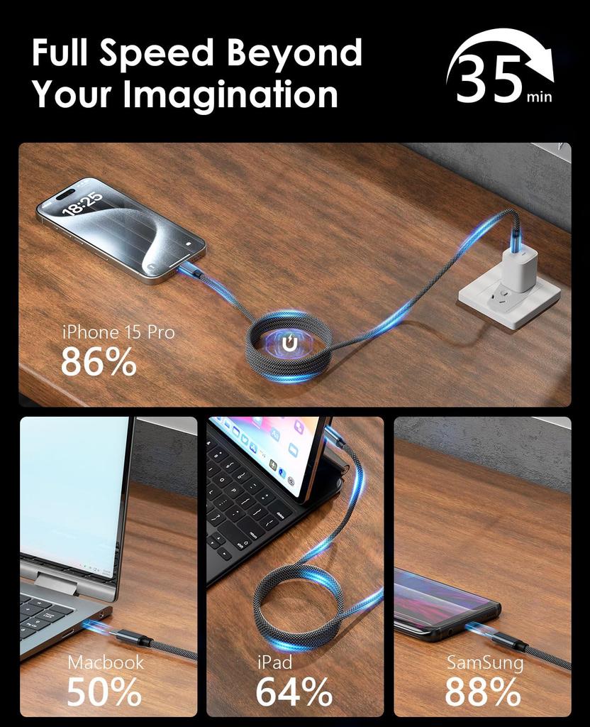 Magtame Magnetic Automatic Fast Metal Double Compatible with Type-C Cable, Storage, 240W/5A Charging, Type-C Cable, QC4.0/PD3.1 Compatible, USBC-USBC