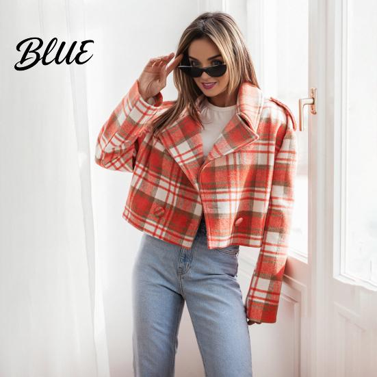 Short Design Plaid Jacket Fall Winter Women Turn-down Collar Print Long Sleeves Loose Lapel Coat Cardigan Button Decor English Style Type Outerwear