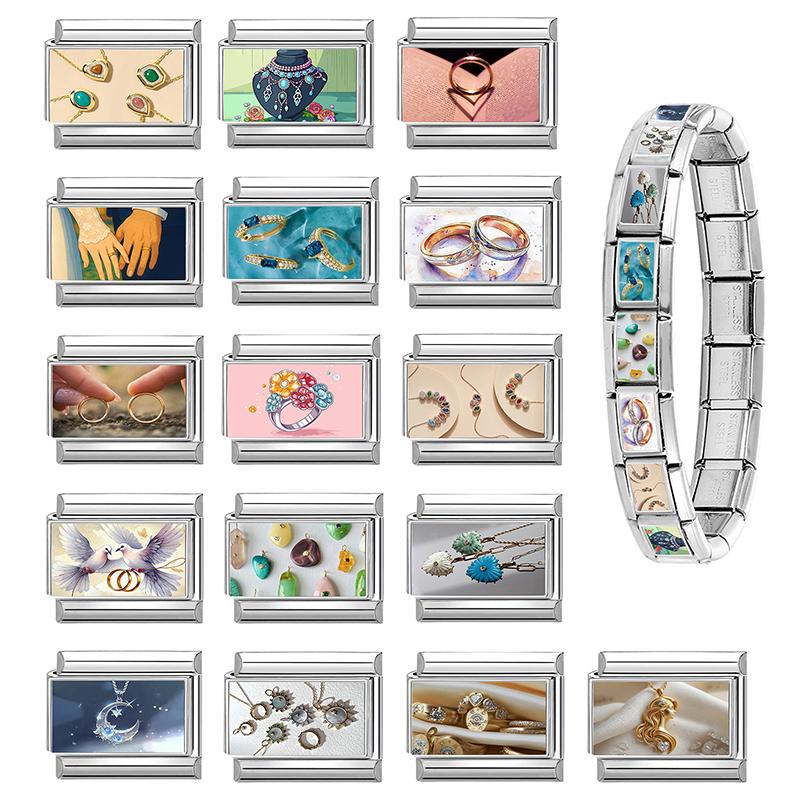 Sweet Ring Necklace Heart Flowers Pattern Charm Beads Fit 9MM Stainless Steel Bracelet Couple DIY Making Wedding Jewelry Gift