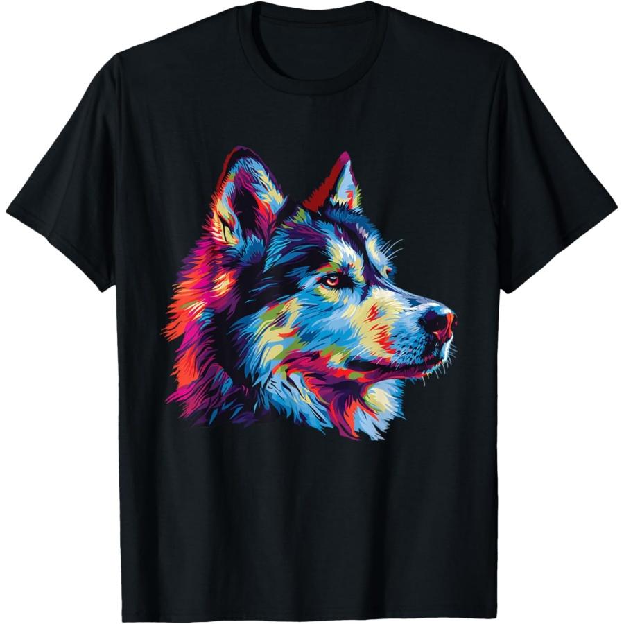 Watercolor Colorful Alaskan Malamute Dog T-Shirt S
