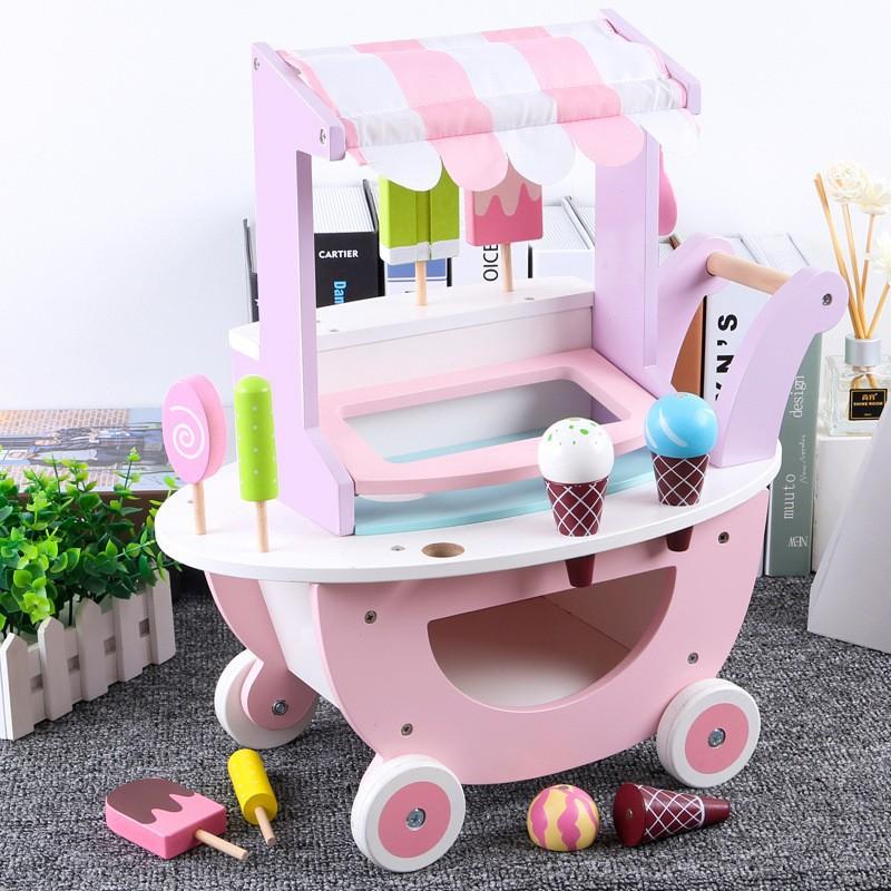 Wooden kitchen toy play house simulation ice cream trolley children's shopping cart toy supermarket simulation trolley