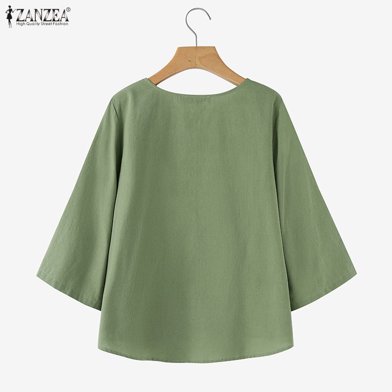 ZANZEA Women Casual V-neck Solid Color Loose 3/4 Sleeve Cotton Blouse