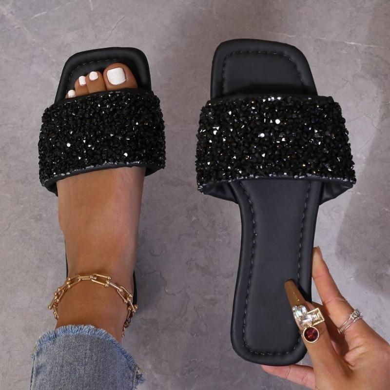 

Модные шлепанцы на плоской подошве для женщин 2025 лето дизайнерские большой размер стразы шлепанцы женская мода повседневные туфли-шлепанцы с пайетками женщина 36 чёрный
