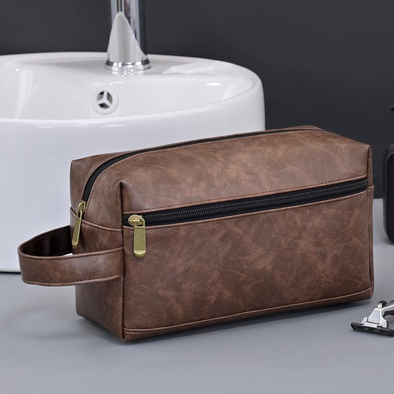 Men Leather Travel Business Shaving Cosmetic Bag Strorage Portable Toiletry Bag Large Capacity Organizer Handheld Wash Bag