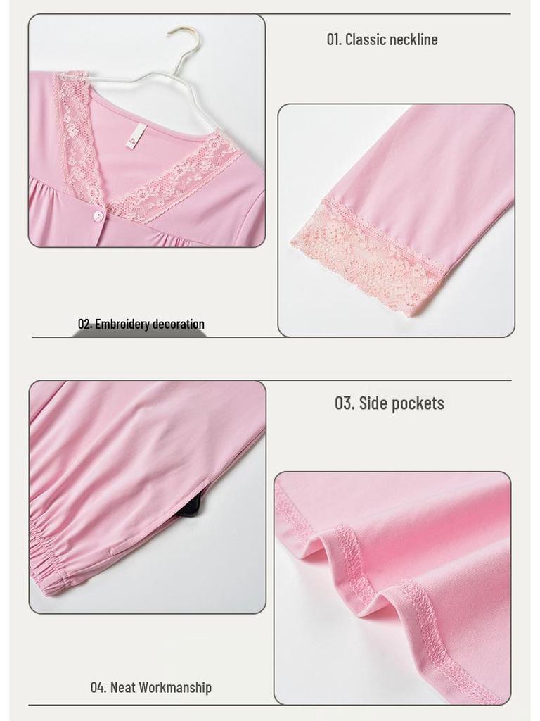 Women's V-Neck Long-Sleeve Pajama Set - Lycra Cotton, Sweet & Comfortable for Home or Out.