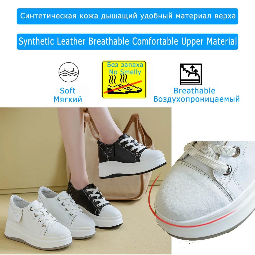 Fujin 7.5cm Platform Wedge Sneakers Vulcanized Chunky Hidden Heel Block Microfiber Leather Comfy Breathable Skate Board Shoes