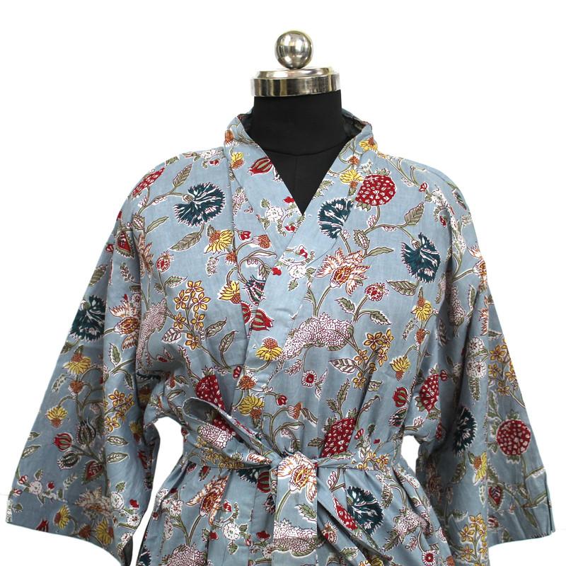 Cotton Long Kimono Robe Sleepwear Indian Hand Printed Night Wear Maxi Bathrobe