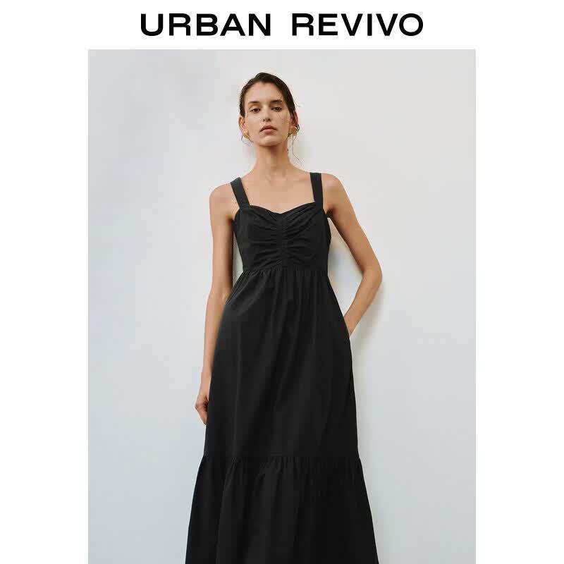 UR2026 Women s Elegant Solid Cotton Pleated Cami Maxi Dress S
