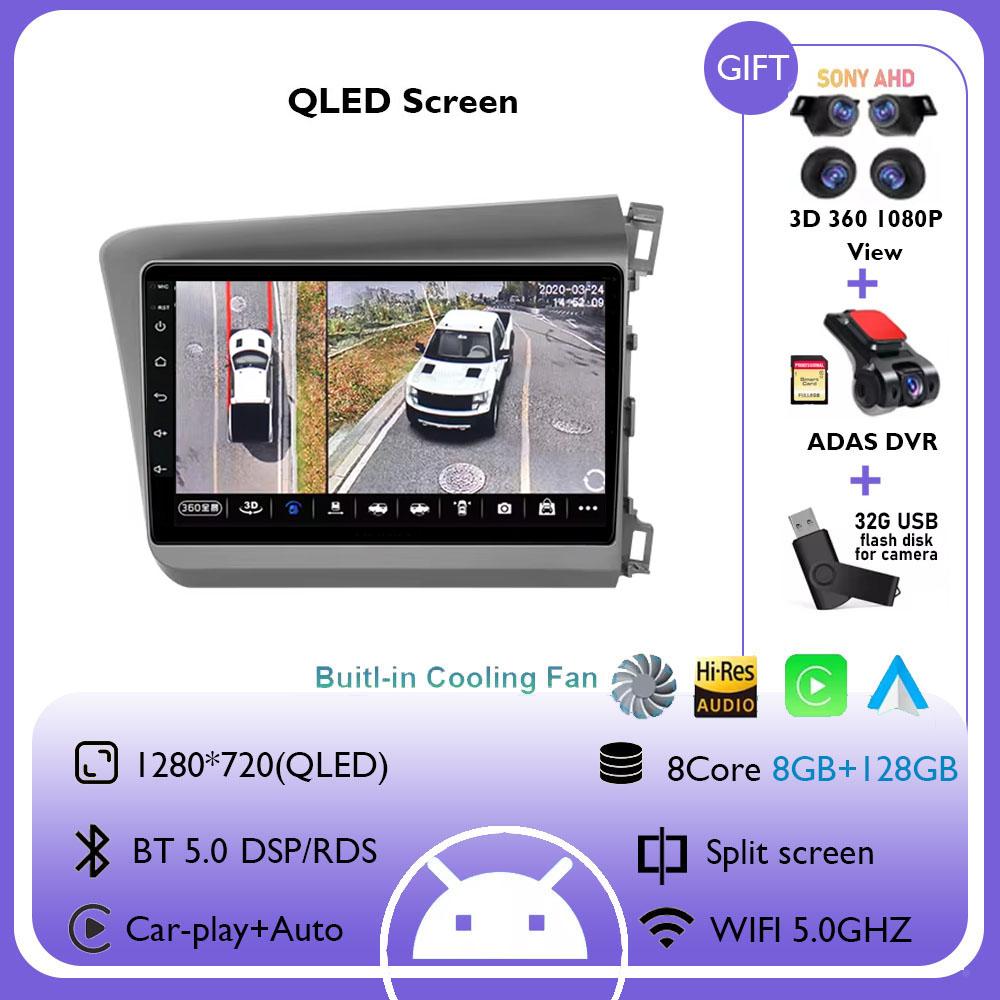 9" Android 14 Car Radio For Honda Civic RHD 2012 2013 2014 2015 Multimedia Player Carplay Auto Stereo GPS Navigation Head Unit