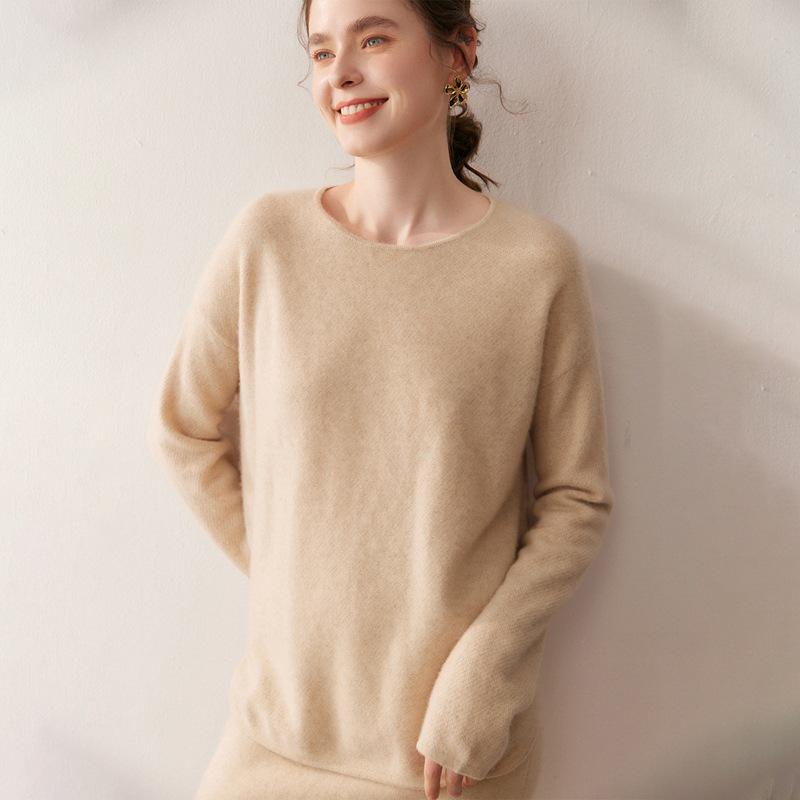 2025 Women's Cashmere Sweater - Round Neck, Osmanthus Stitch, Loose Fit, Curved Hem, Long Sleeve, Autumn/Winter Collection