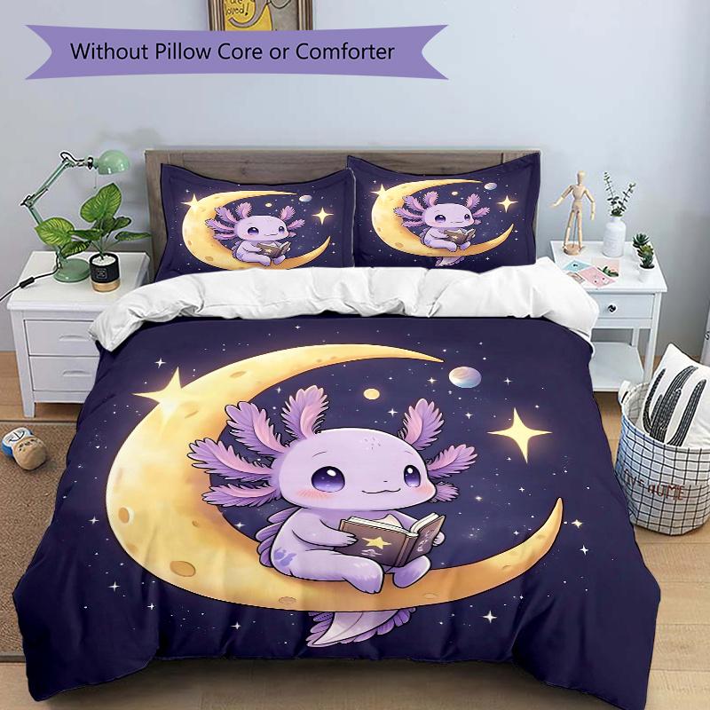 

3pcs Cute Cartoon Purple Axolotl Printed Quilt Set - Soft and Comfortable Quilt Cover for Bedroom, Guest Room L025 135x200cm