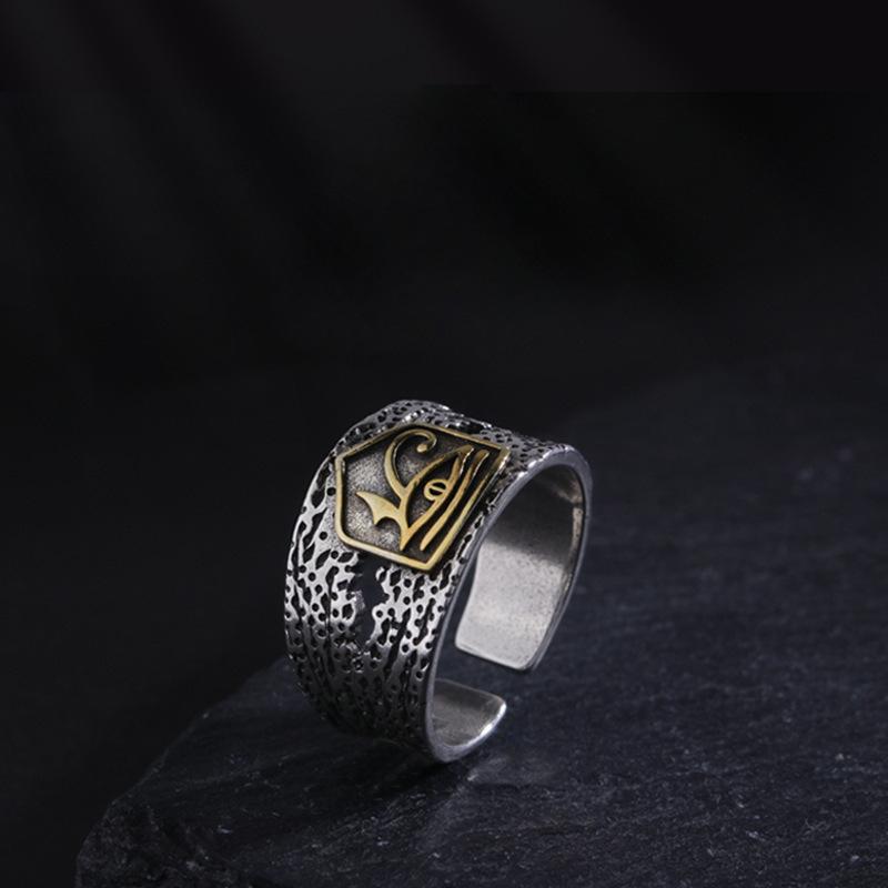 Silberfarben Zweifarbig Gehämmert Textur Breiter Ring Ägyptisches Auge des Horus Symbol Verstellbar Retro Altes Ägypten Unisex Finger