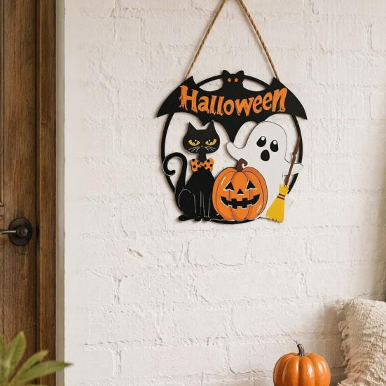 Weather Resistant Halloween Props Wood Hanging Ornament with Ghost Pumpkin Bat Cat Prints, Durable Ornaments Waterproof Front Door Sign for