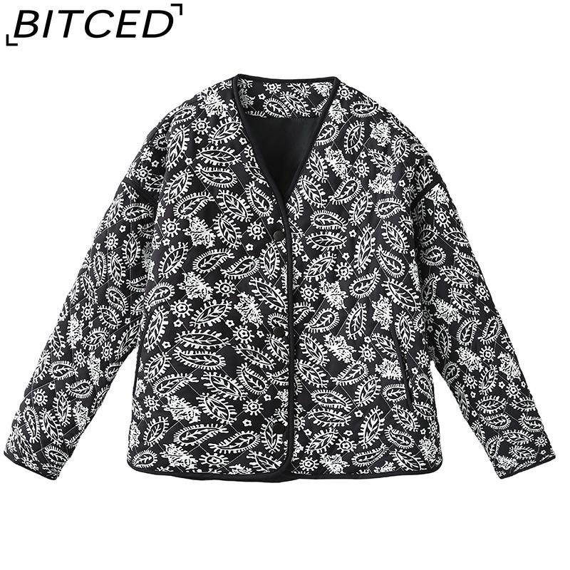 BITCED Women's Autumn/Winter Fashion Casual V-Neck Printed Quilted Cotton Patchwork Jacket