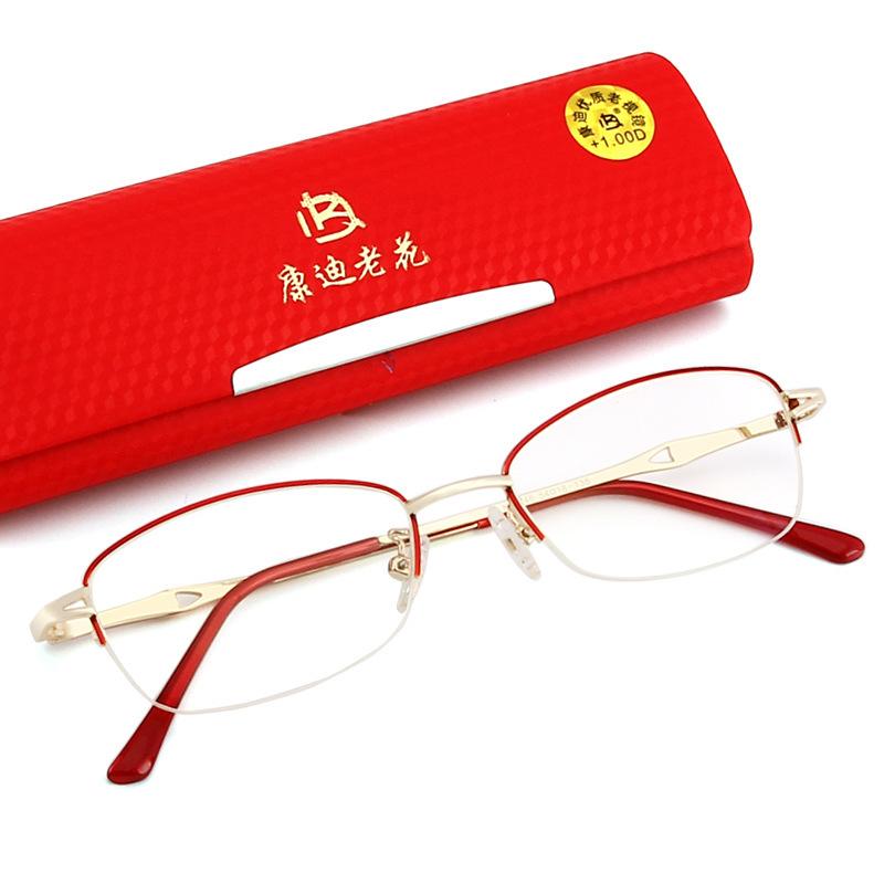 

Elderly Glasses Half Frame Leaf Women S Gold Red Frame High Definition Resin Anti-Blue Women S Reading Glasses 100