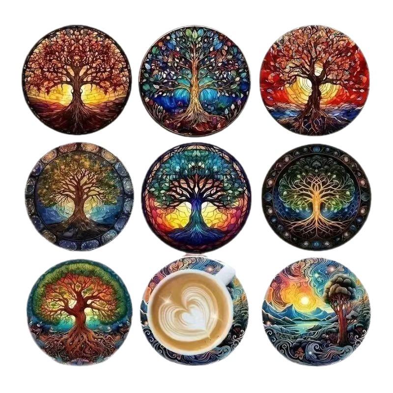 Tree of Life 8-Piece Wooden Heat-Insulating Non-Slip Coaster Set