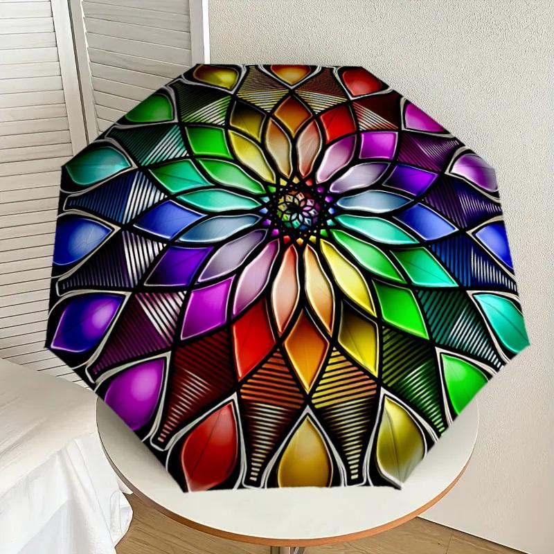 1PC mandala colorful Umbrella-8-Rib Reinforced, Automatic Open, Lightweight & Durable, Cute Fashion Accessory for Outdoor, Beach, or Casual Use, Beach