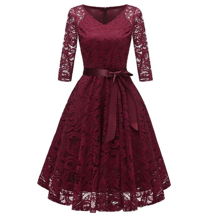 Vintage Floral Lace Bridesmaid Dress 3 4 Sleeve A Line with Ribbon Belt Tea Length Cocktail Party Evening Occasion Outfit Day Wear