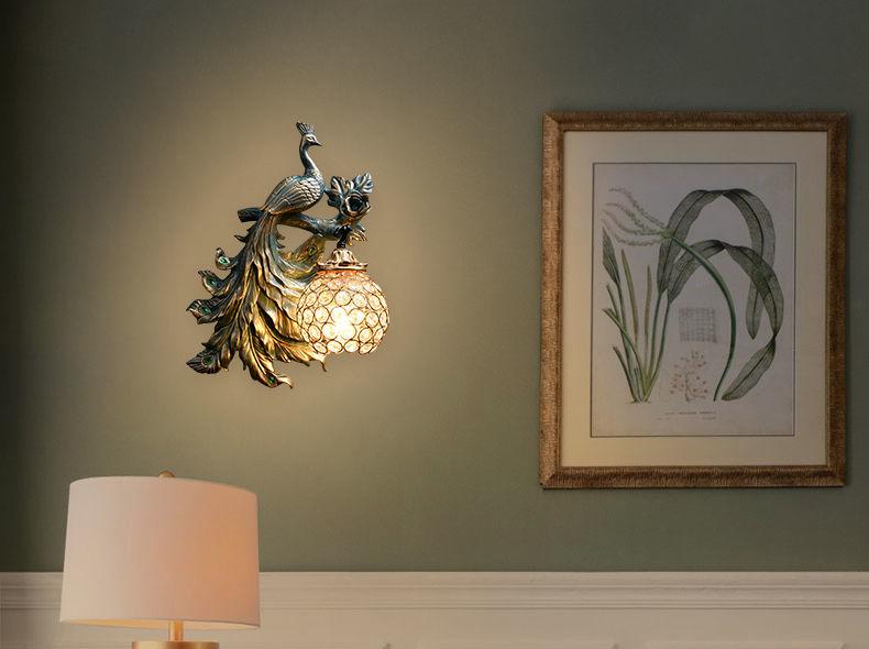 Retro European-Style Peacock Wall Lamp for Living Room or Bedroom Decor