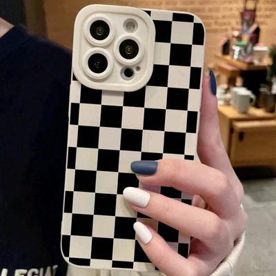 Black and White Plaid Silicone Mobile Phone Case for 13promax/14 Apple 15 Simple iPhone12/11 Protective Case