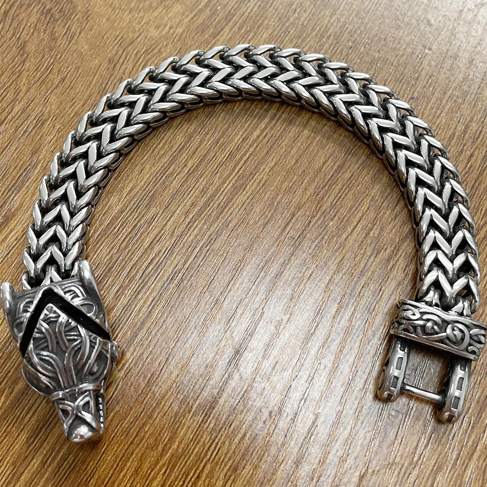 Bracciale Lupo Vichingo Norreno per Uomo Acciaio Inossidabile 12MM Maglia a Rete Bracciali da Uomo Bocca di Lupo Aperta Gioielli Nordici 21/23CM