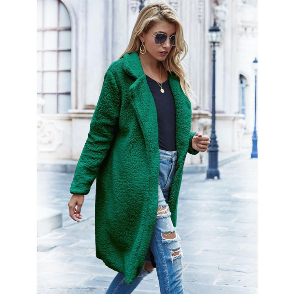 Ladies', Medium Length, Lapel, Woolen Jacket, Long Sleeved, Solid Color, Loose Fit, Casual Jacket