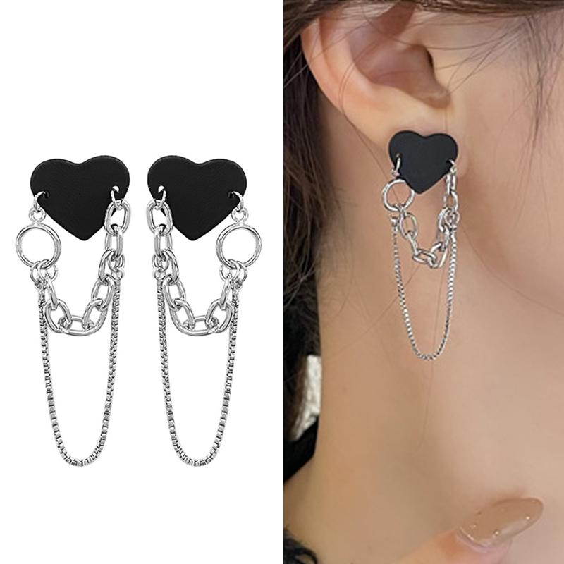 

Серьги-цепочки с кисточками в стиле хип-хоп и черным сердцем для женщин, корейские ювелирные изделия Brincos Femme, уличная мода