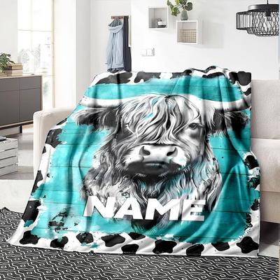 Highland Cow With Turquoise Background And Cow Print Border Throw Customizable Blanket Personalized Name Warmthful Decor Great For Sofa Couch Office