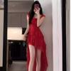 French Pure Desire Sexy Irregular Red Suspender Dress Women's Summer New Seaside Vacation Style Thin Dress