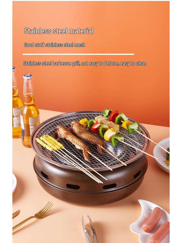 Round Stainless Steel Charcoal Grill for Home and Commercial Use - Japanese Yakiniku Style, Enclosed Design for Tea Boiling