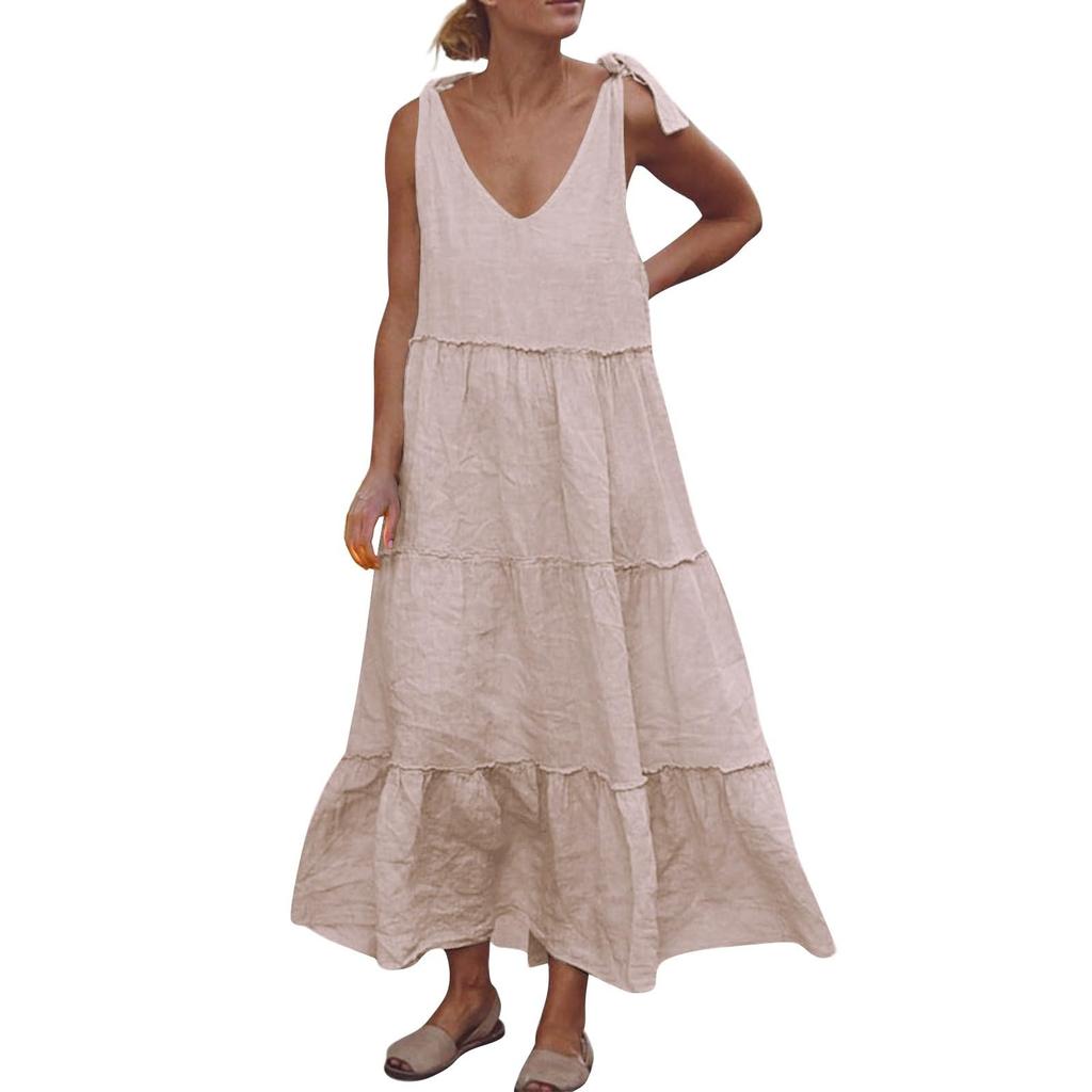 Women's Cotton And Linen Dress Women Sexy Tie Shoulder Cami Dress Casual Loose Sleeveless Ruched Flowy Dress