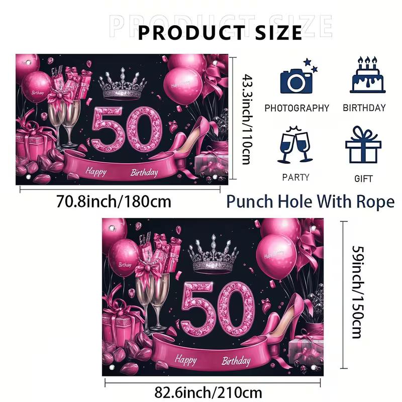 2D Glam Black Pink 50th Happy Birthday Photography Backdrop with Heels & Gifts