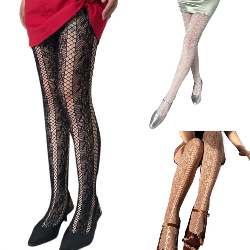 Women French Style Vintage Fishnet Pantyhose Rose Jacquard Patterned Sheer Mesh Tights Side Hollow Out Striped Stockings