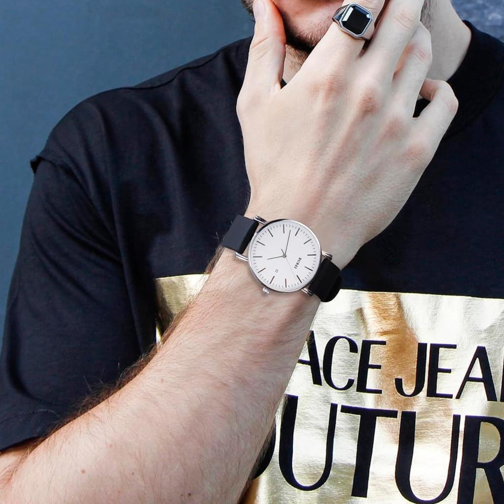 BUREI Men's Watch, Simple Analog, Waterproof, Quartz Movement, Date Display, Lightweight, Stylish, Business, Popular Brand, Black Silica Gel Strap (Wh