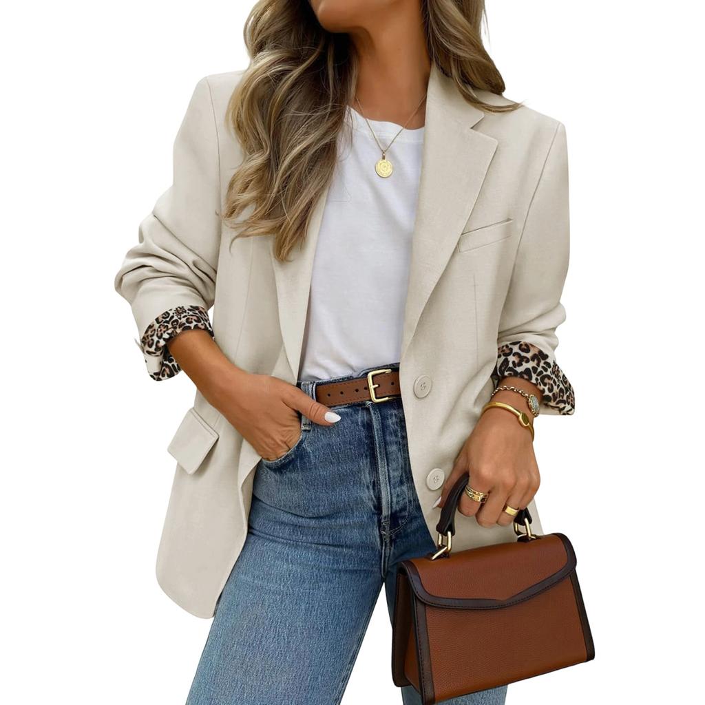 Women’s Long Sleeve Lapel Blazer with Leopard Print Cuffs Single Breasted Button Closure Classic Fit Jacket for Office or Casual Wear