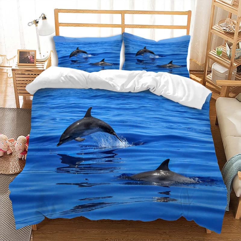 Comforter Dolphin Cute Jumping Dolphins Bedding Set Microfiber Marine Animals Comforter With 2 Pillow Sham Twin King