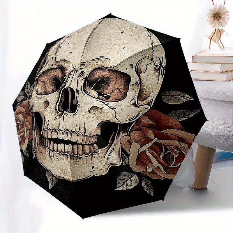 Skull and Roses Circular Wall Art Decor Umbrella, Cute Umbrella with Cute Design, Portable 3-Fold Compact Umbrella for Men & Women, Valentine's Day Mo