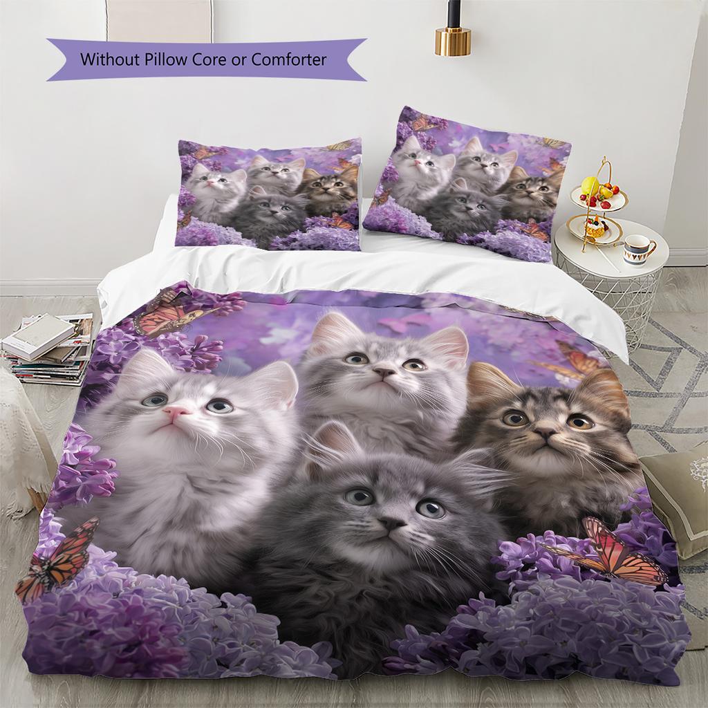 Purple Tabby Cat Pattern Bedding Quilt Set Quilt Cover Pillowcase Home Decoration Gift (1 * duvet cover + 2 * pillowcase, without core)